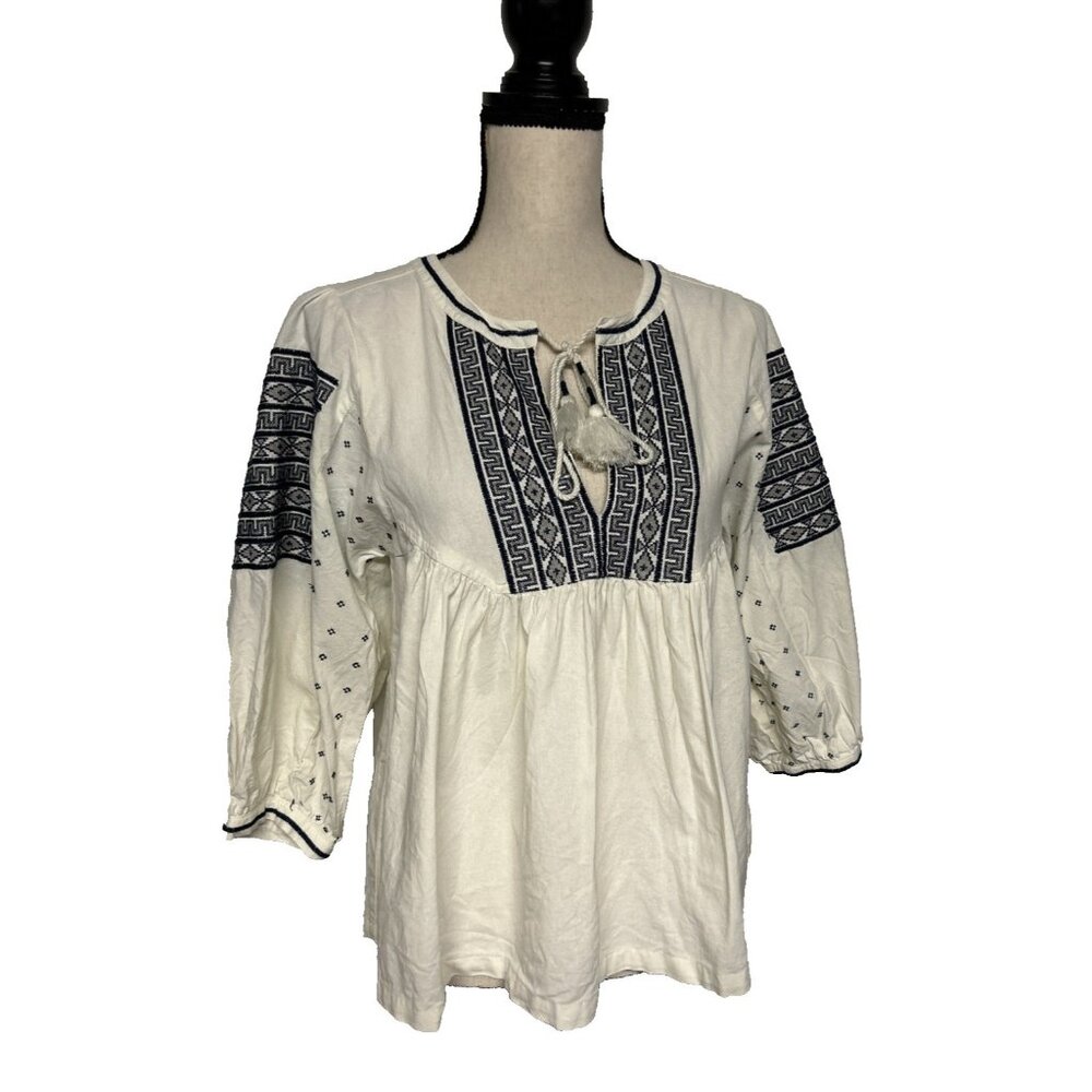 Lucky Brand Embroidered Peasant Top Women's Size S White Blue Tie Neckline